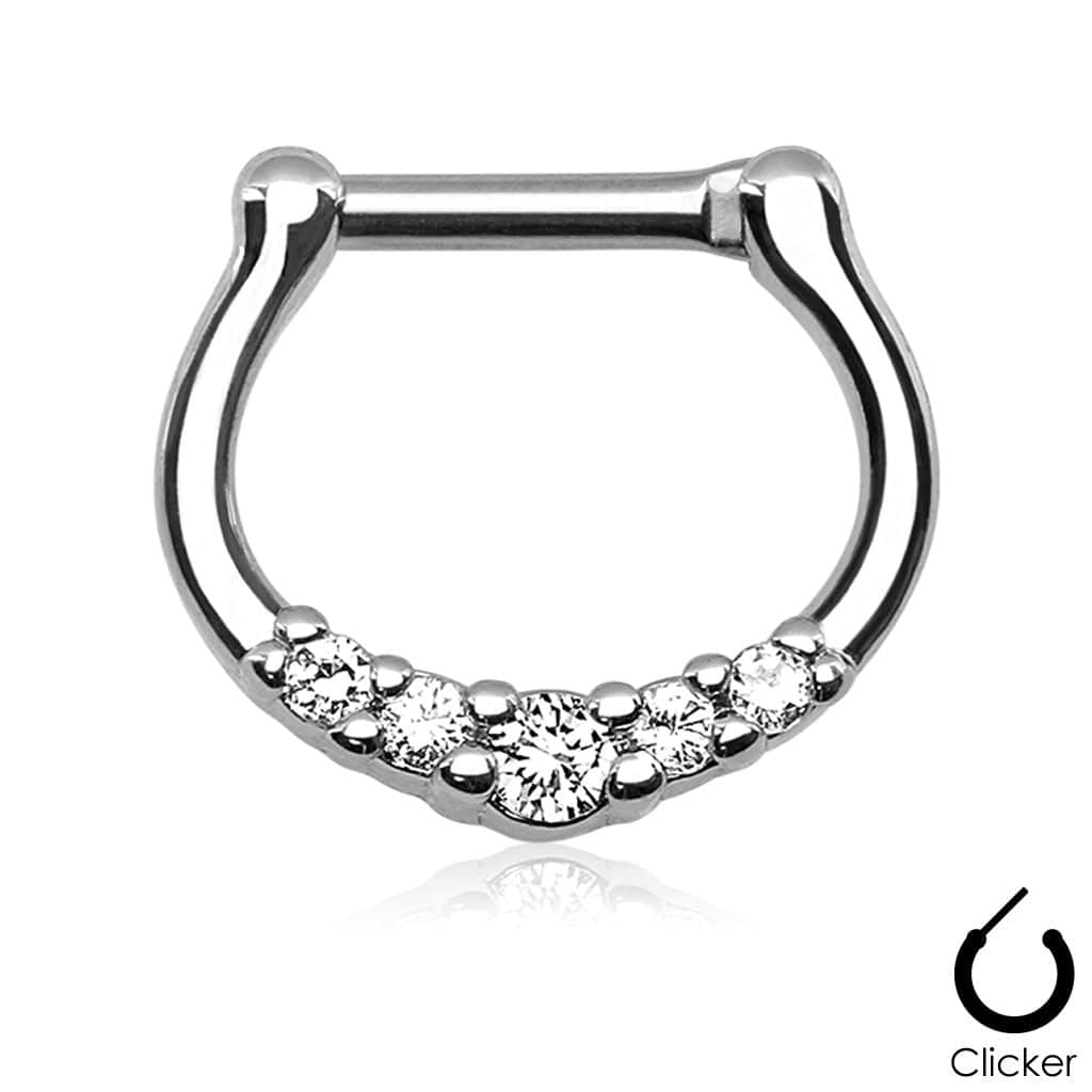16ga Small All White Clear 5 Prong Set CZ Septum Ring 316L Surgical Steel Bar Clicker - Pierced Universe