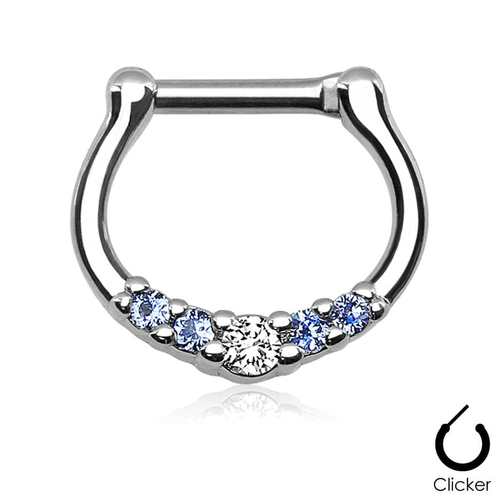 16ga Small White and Aqua 5 Prong Set CZ Septum Ring 316L Surgical Steel Bar Clicker - Pierced Universe
