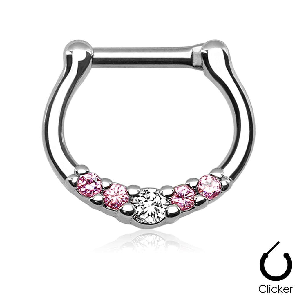 16ga Small White and Pink 5 Prong Set CZ Septum Ring 316L Surgical Steel Bar Clicker - Pierced Universe