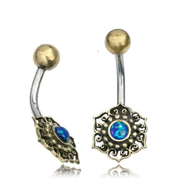316L Surgical Steel & Brass Flower with Blue Opal Belly Ring - Pierced Universe