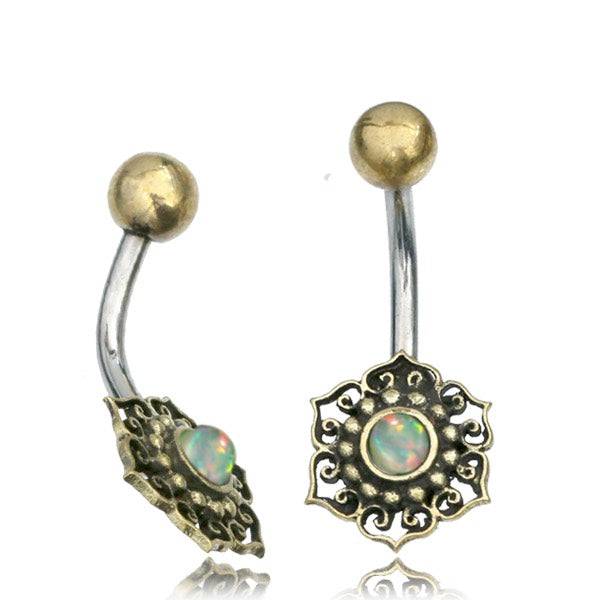 316L Surgical Steel & Brass Lotus Flower with White Opal Belly Ring - Pierced Universe