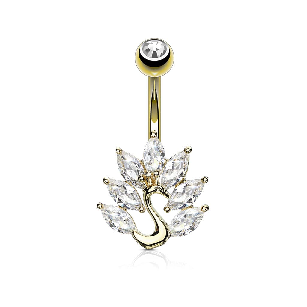 316L Surgical Steel Gold Plated White CZ Peacock Belly Ring - Pierced Universe