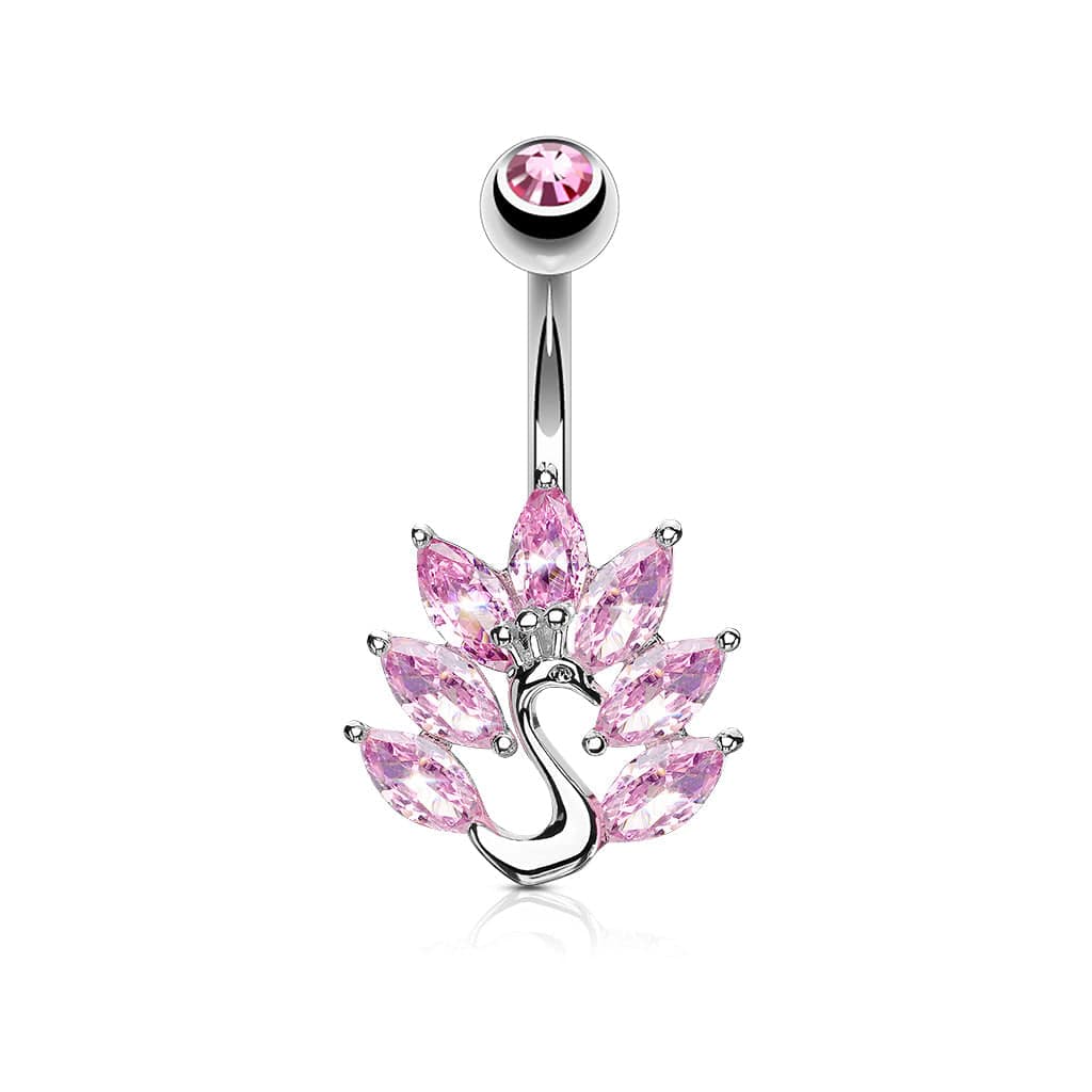 316L Surgical Steel Pink CZ Peacock Belly Ring - Pierced Universe