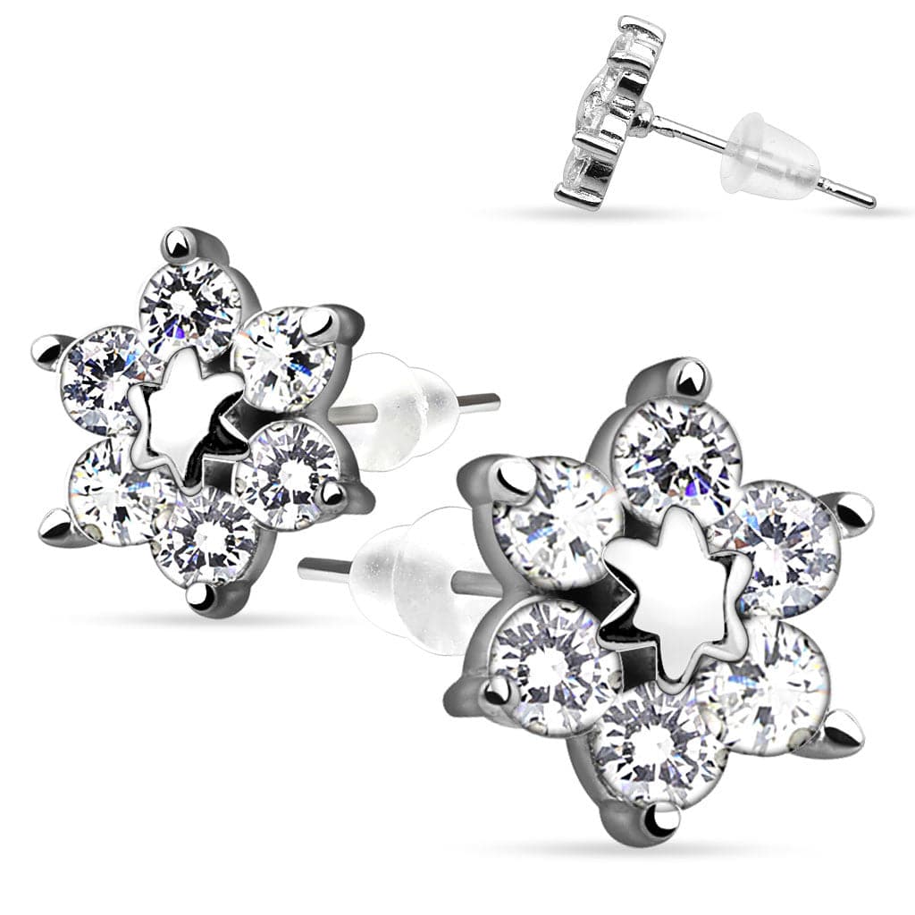 925 Sterling Silver Ultra Clear Paved CZ Crystal Flower Earring Studs - Pierced Universe