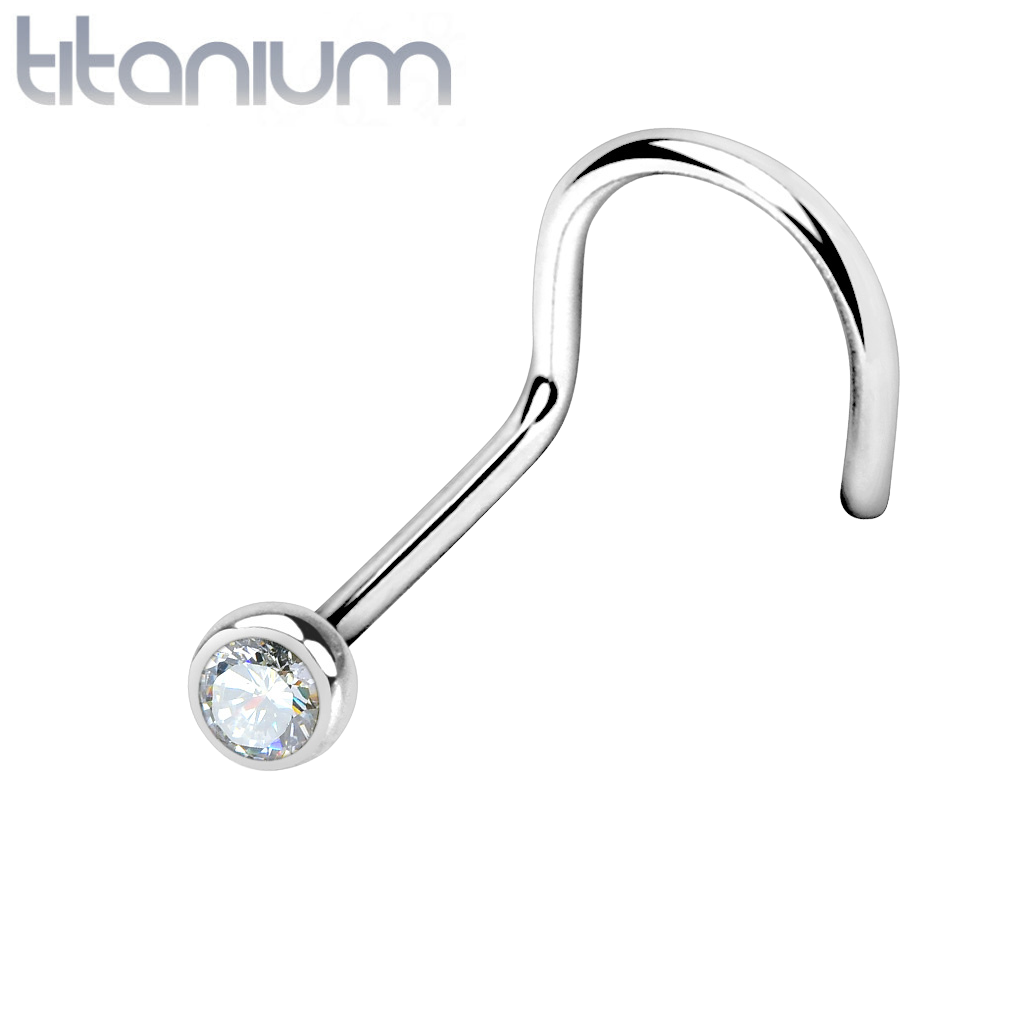 Implant Grade Titanium Corkscrew Nose Ring Stud with Bezel White CZ Gem - Pierced Universe
