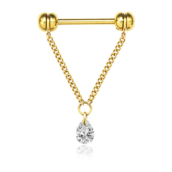 316L Surgical Steel Gold PVD Chain With White CZ Teardrop Dangle Straight Barbell Nipple Ring - Pierced Universe