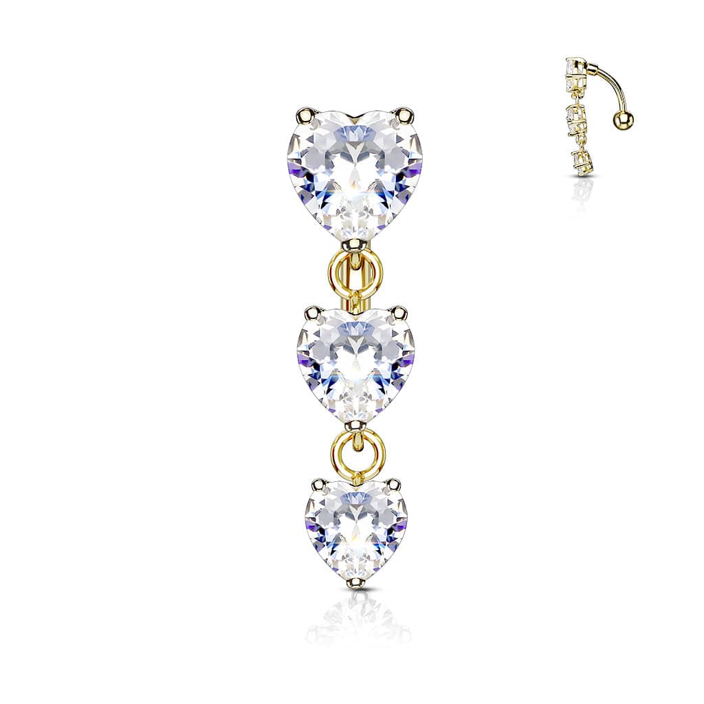 Gold Plated Surgical Steel Reverse 3 Heart Prong Reverse Belly Ring - Pierced Universe