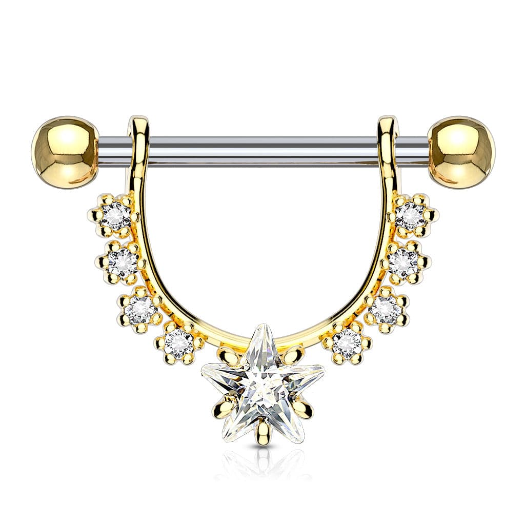 Gold Plated Surgical Steel Star Dangle White CZ Nipple Ring Barbell - Pierced Universe