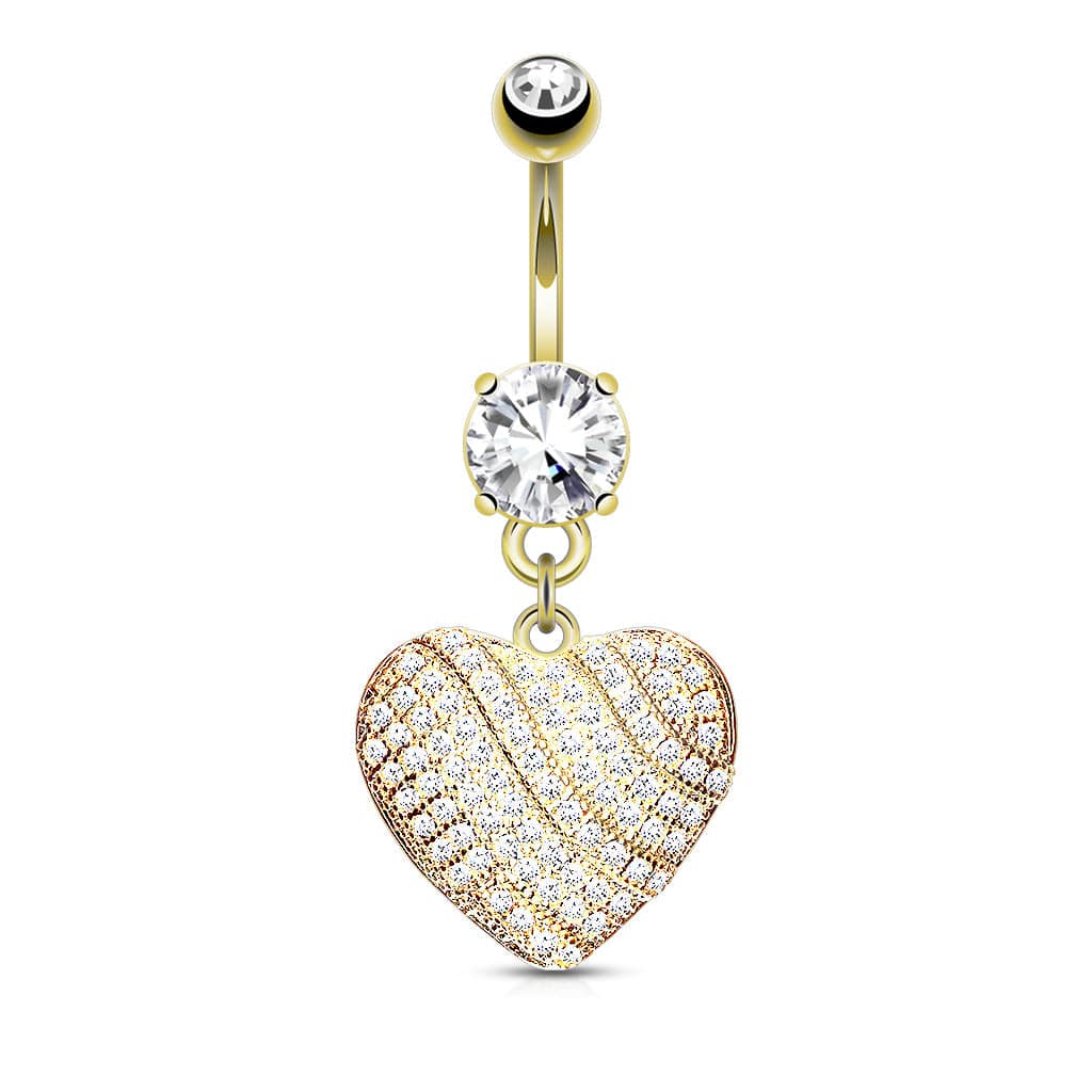 Gold Plated Surgical Steel White Pave Heart Dangle Belly Ring - Pierced Universe