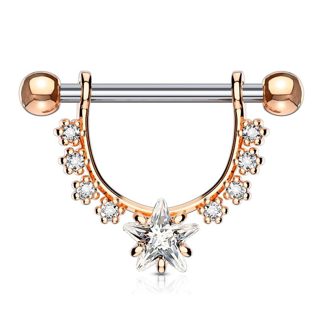 Rose Gold Plated Surgical Steel Star Dangle White CZ Nipple Ring Barbell - Pierced Universe