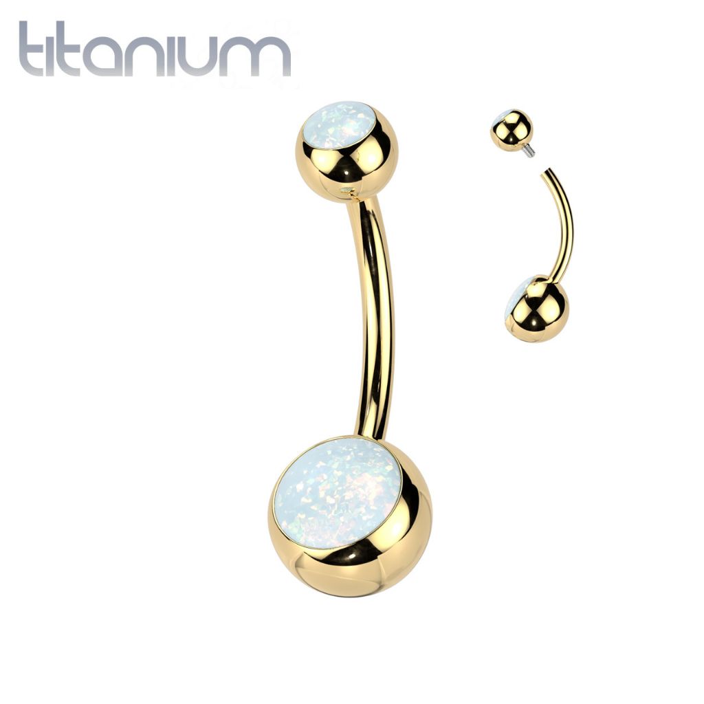 Implant Grade Titanium Gold PVD White Opal Internally Threaded Belly Ring