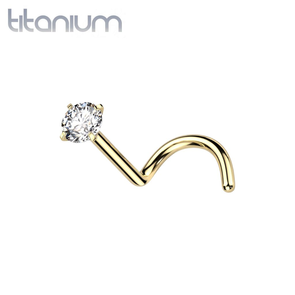 Implant Grade Titanium Gold PVD Corkscrew Nose Ring Stud White CZ Gem