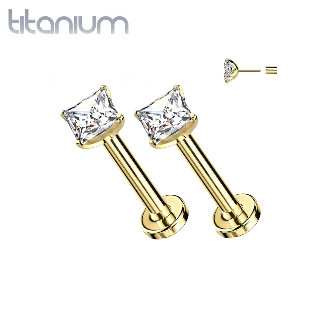 Pair Of Implant Grade Titanium Gold PVD Square White CZ Gem Threadless Push In Earring Studs With Flat Back