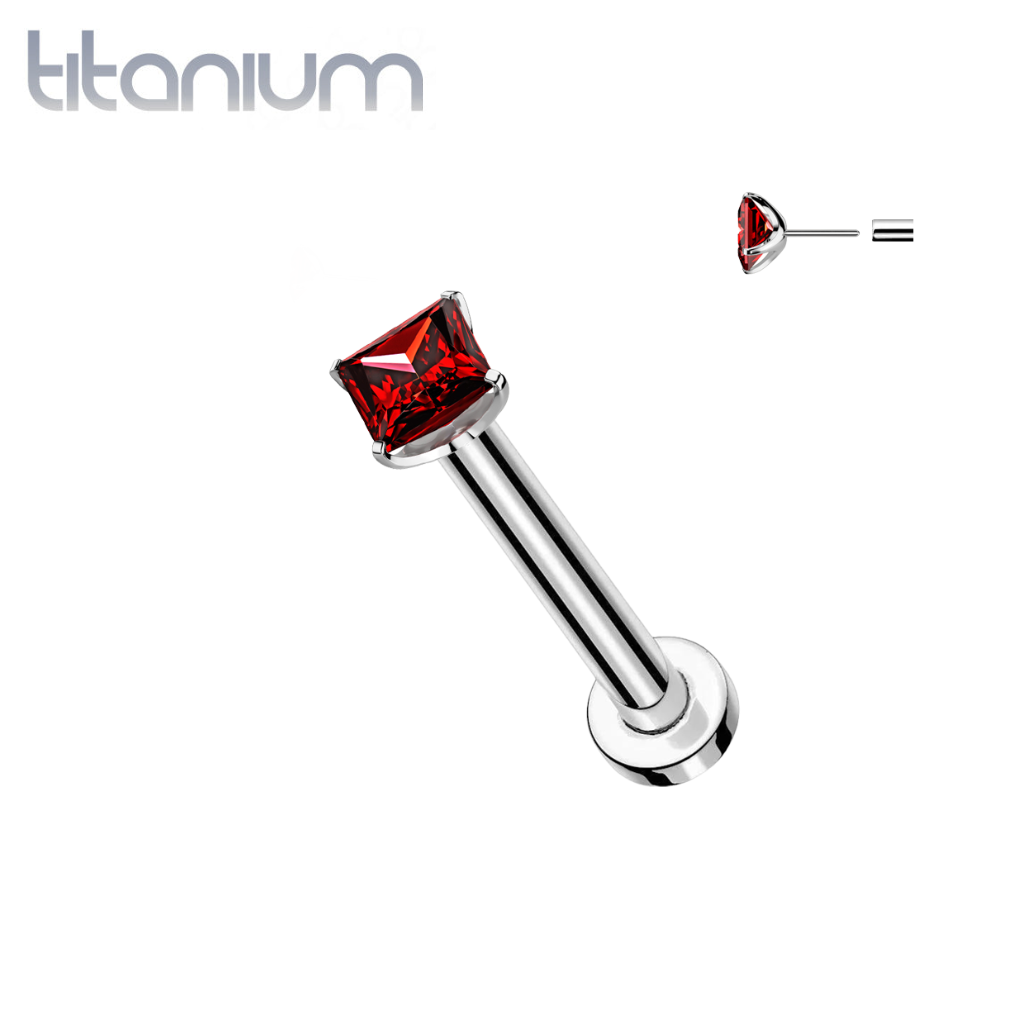Implant Grade Titanium Square Red CZ Gem Threadless Push In Labret