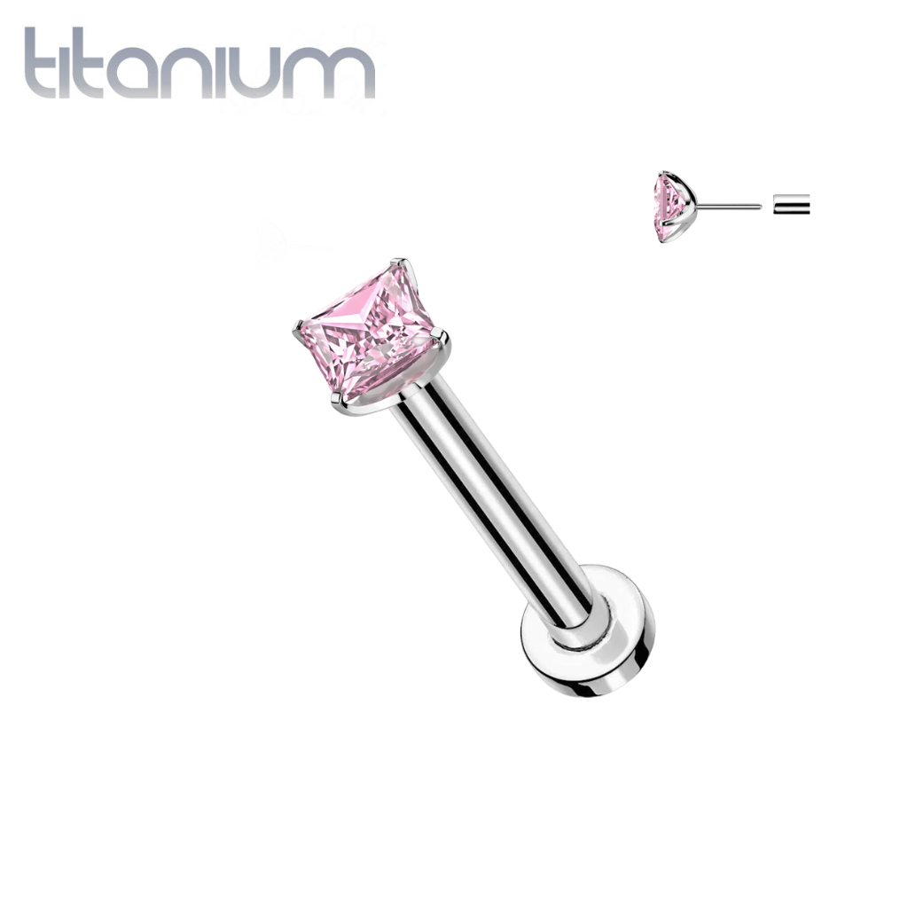 Implant Grade Titanium Square Pink CZ Gem Threadless Push In Labret