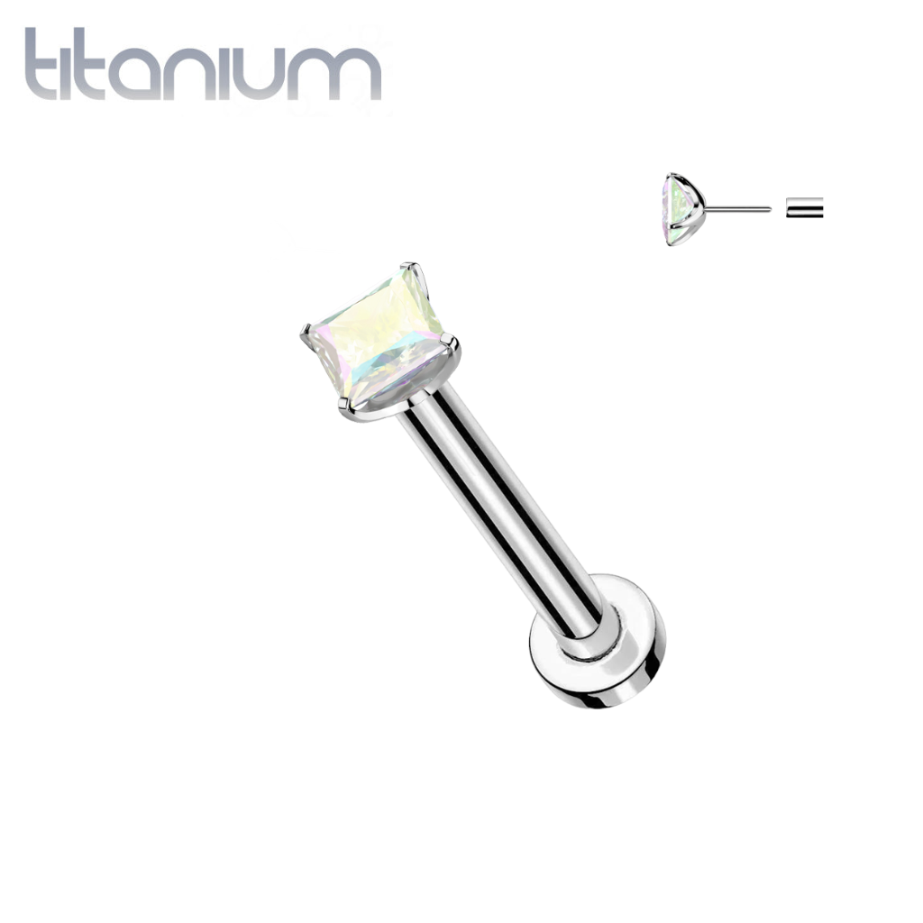 Implant Grade Titanium Square Aurora Borealis CZ Gem Threadless Push In Labret