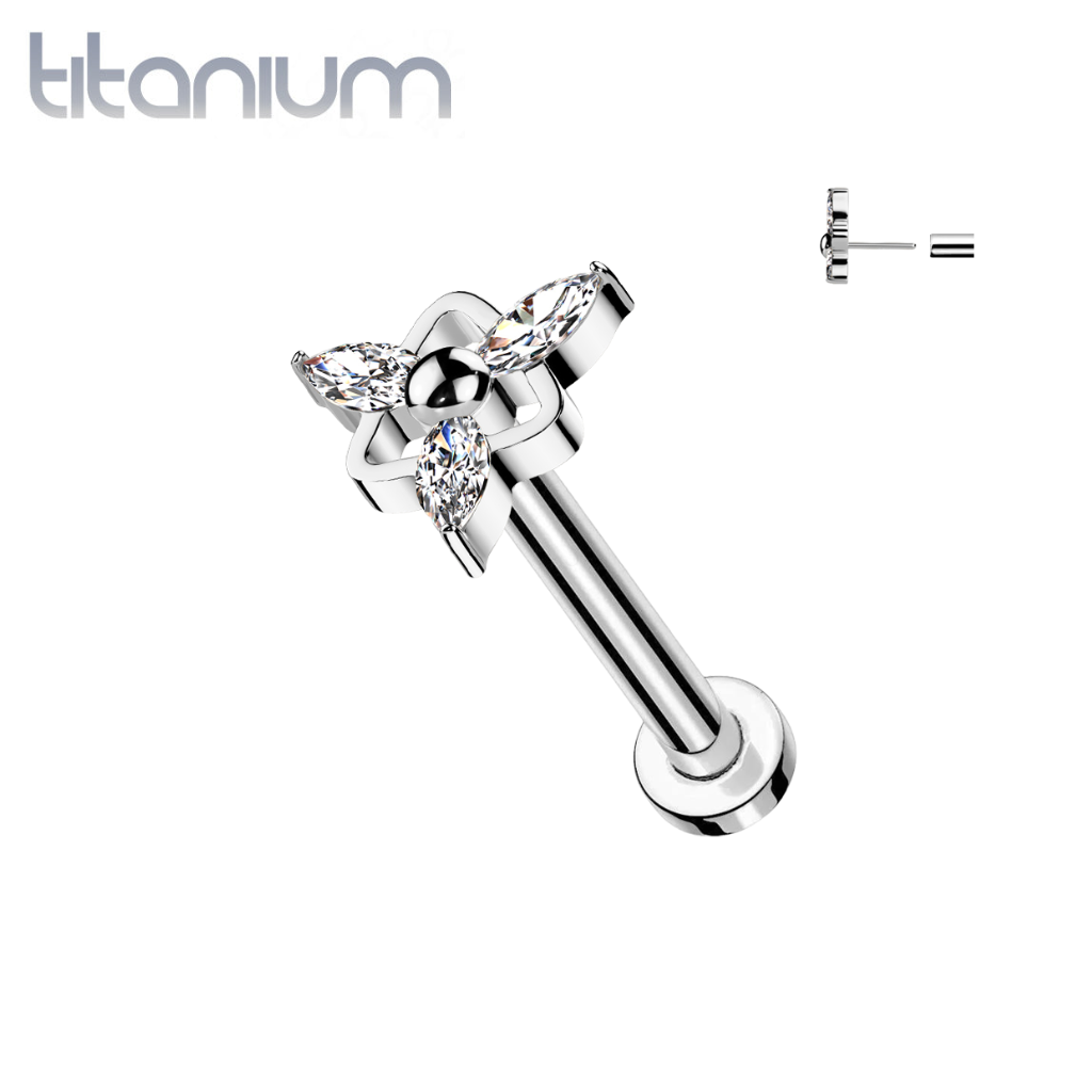 Implant Grade Titanium White CZ Marquise Triangle Design Threadless Push In Labret