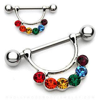 14ga 316L Surgical Steel Rainbow Multi Gem Nipple Shield Barbell