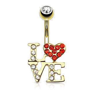 Gold PVD over Surgical Steel Love Heart Paved CZ Belly Button Navel Ring