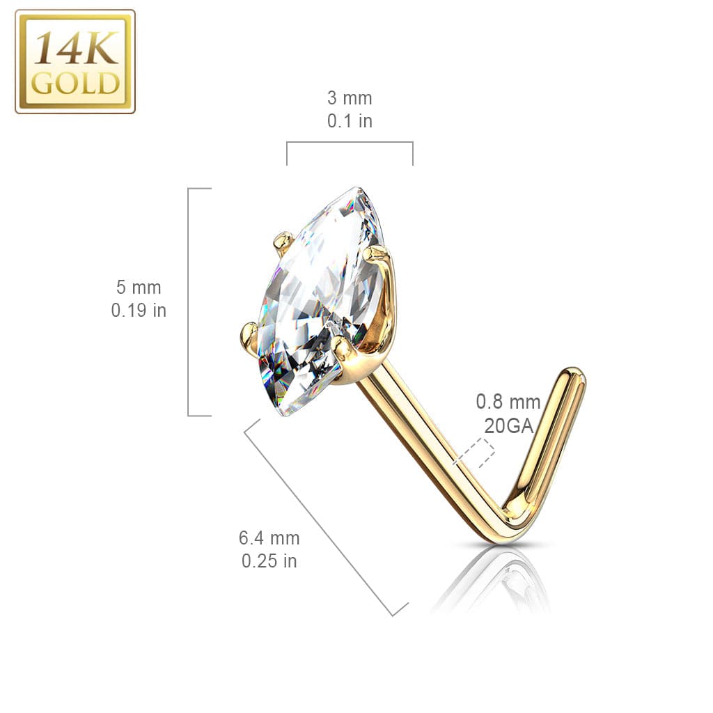 14KT Solid Gold L Shape Marquise CZ Nose Ring Stud