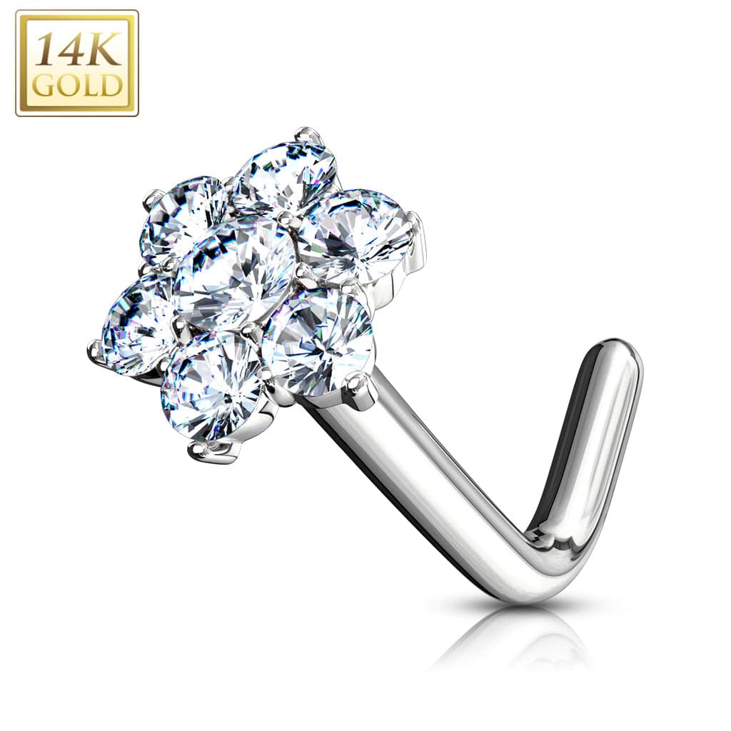 14KT Solid White Gold L Shape Flower White CZ Nose Ring Stud