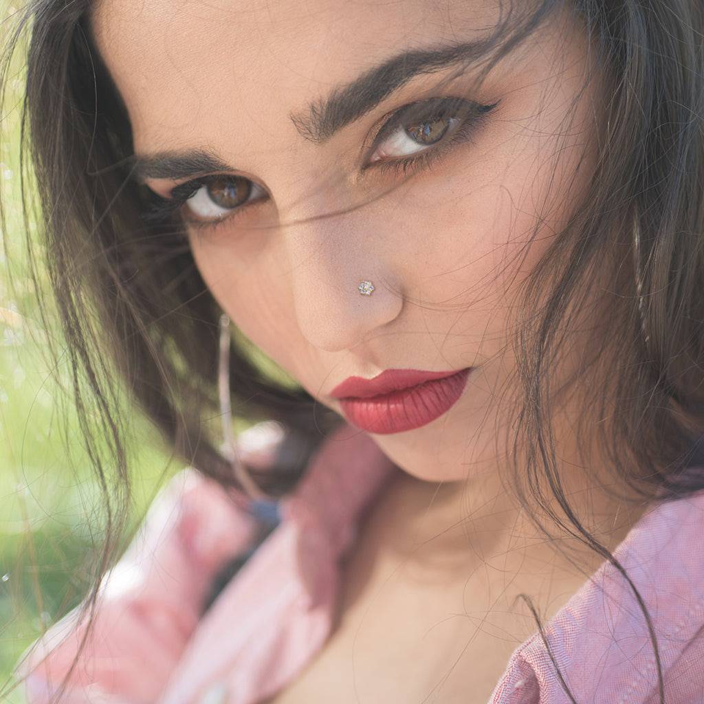 14KT Solid White Gold L Shape Flower White CZ Nose Ring Stud