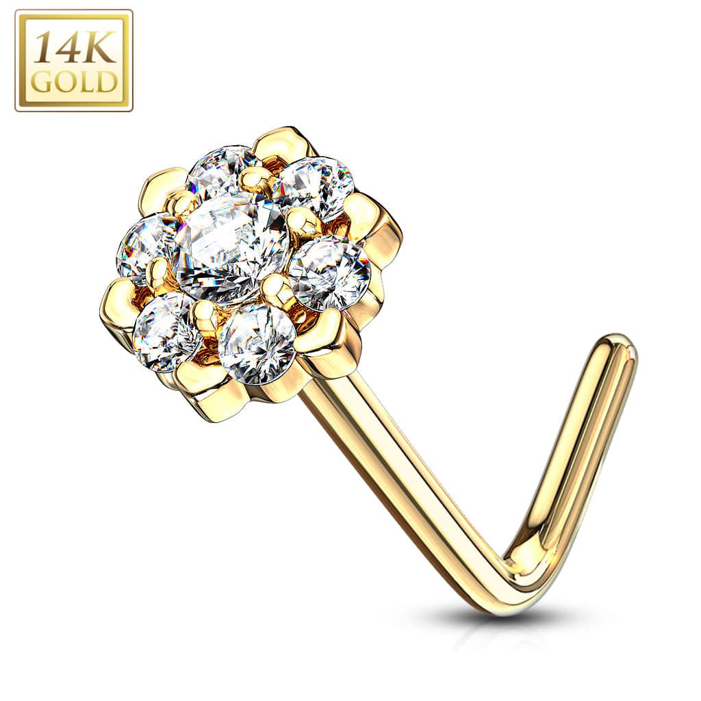 14KT Solid Yellow Gold White CZ Cluster Flower L shape Nose Ring Stud