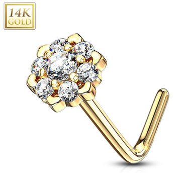14KT Solid Yellow Gold White & Red CZ Cluster Flower L shape Nose Ring Stud 14KT Solid Yellow Gold White & Red CZ Cluster Flower L shape Nose Ring Stud