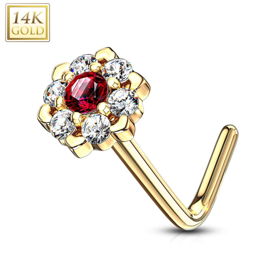 14KT Solid Yellow Gold White & Red CZ Cluster Flower L shape Nose Ring Stud