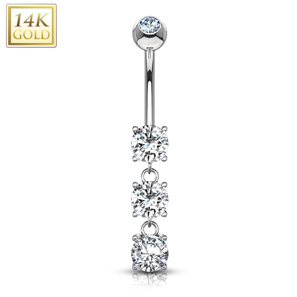 14KT White Gold 3 CZ White Gem Dangling Belly Button Ring