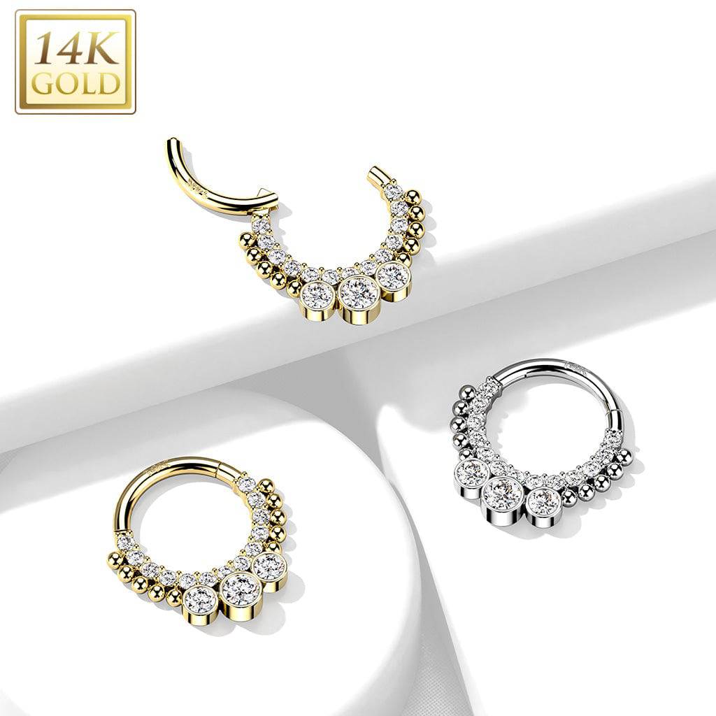 14KT Yellow Gold Beaded White CZ Bezel Center Hinged Septum Clicker Hoop