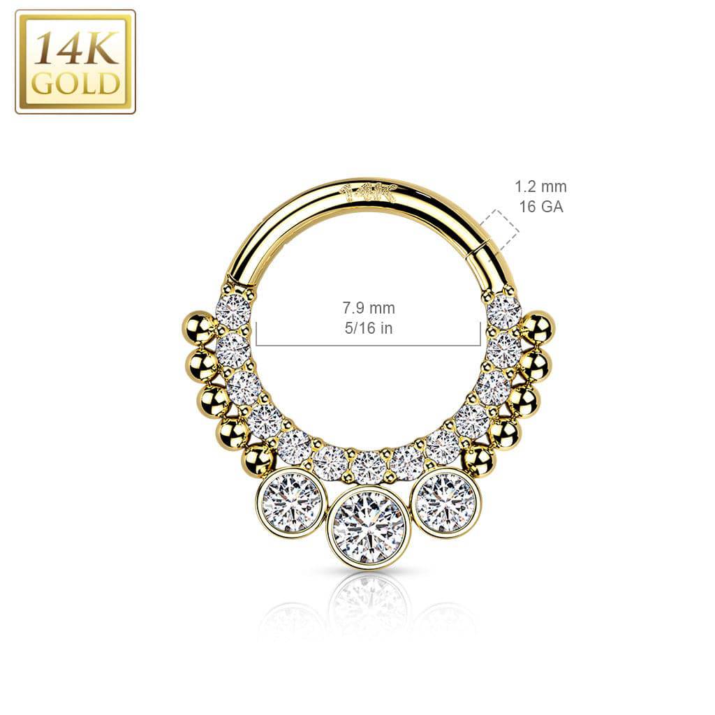 14KT Yellow Gold Beaded White CZ Bezel Center Hinged Septum Clicker Hoop