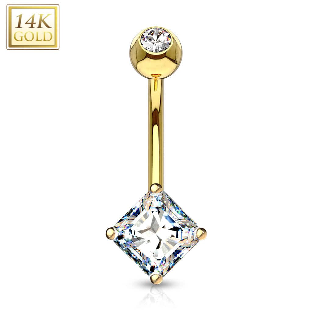 14KT Yellow Gold White Princess Cut Prong CZ Belly Button Ring