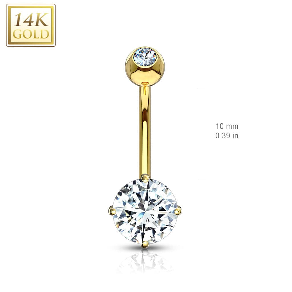 14KT Yellow Gold White Round Prong CZ Belly Button Ring