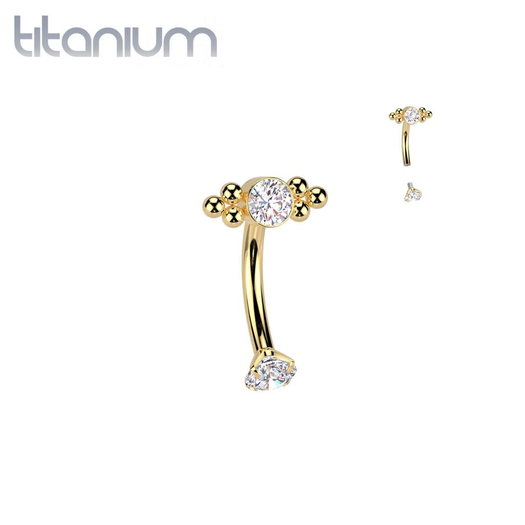 Implant Grade Titanium Gold PVD White CZ Bezel Boho Beaded Internally Threaded Curved Barbell
