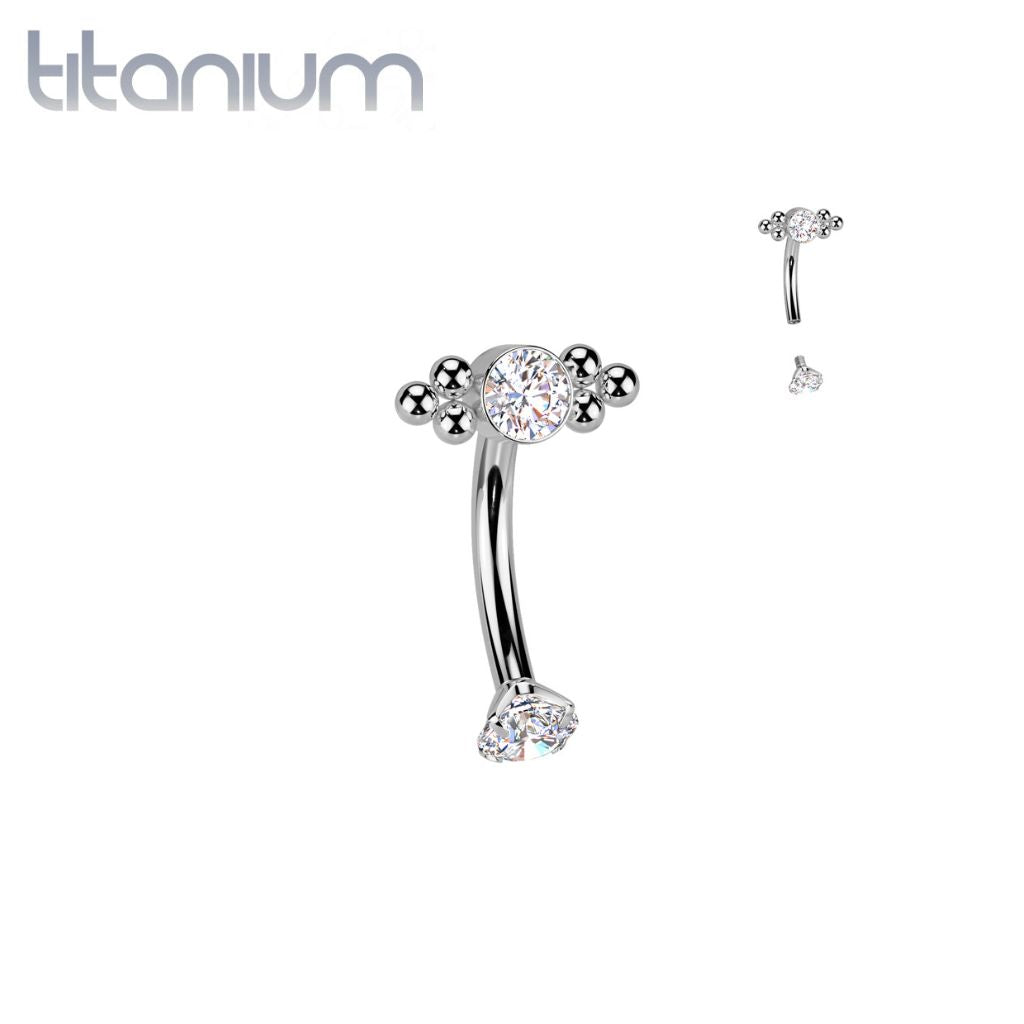 Implant Grade Titanium White CZ Bezel Boho Beaded Internally Threaded Curved Barbell