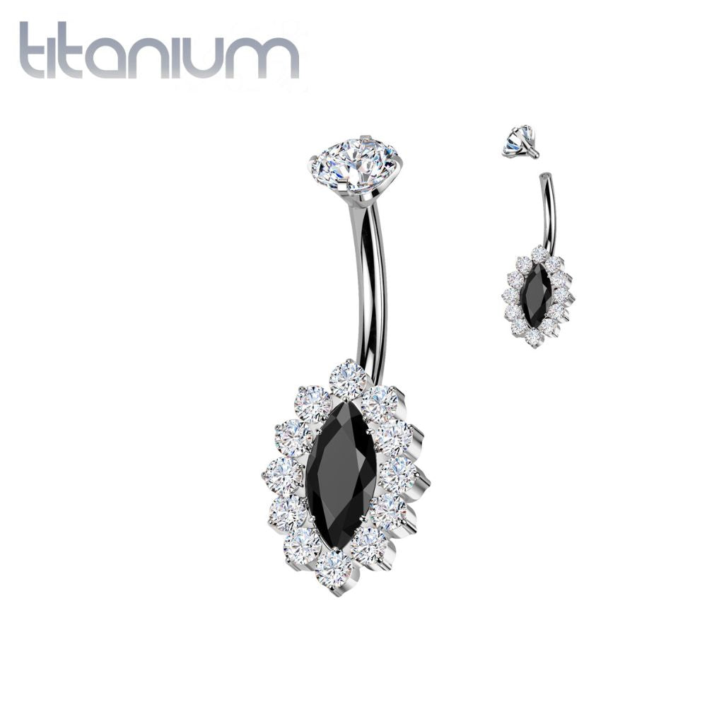 Implant Grade Titanium White & Black CZ Internally Threaded Marquise Non Dangle Belly Ring