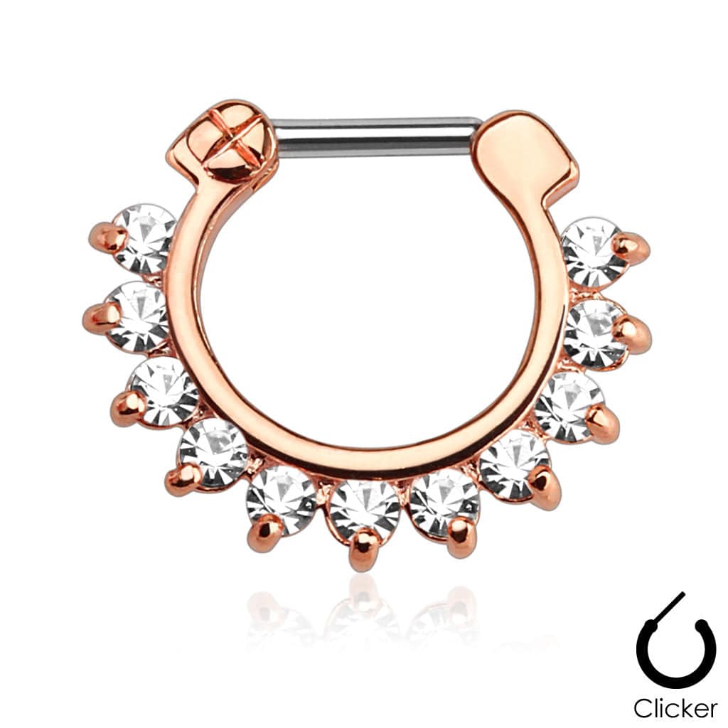 16GA Rose Gold Plated Prong Set Single Line CZ Gemmed 316L Surgical Steel Bar Septum Ring Clicker