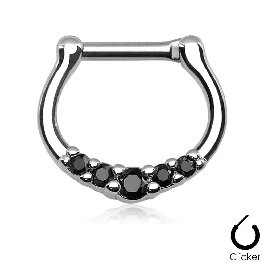 16ga Small All Black 5 Prong Set CZ Septum Ring  316L Surgical Steel Bar Clicker