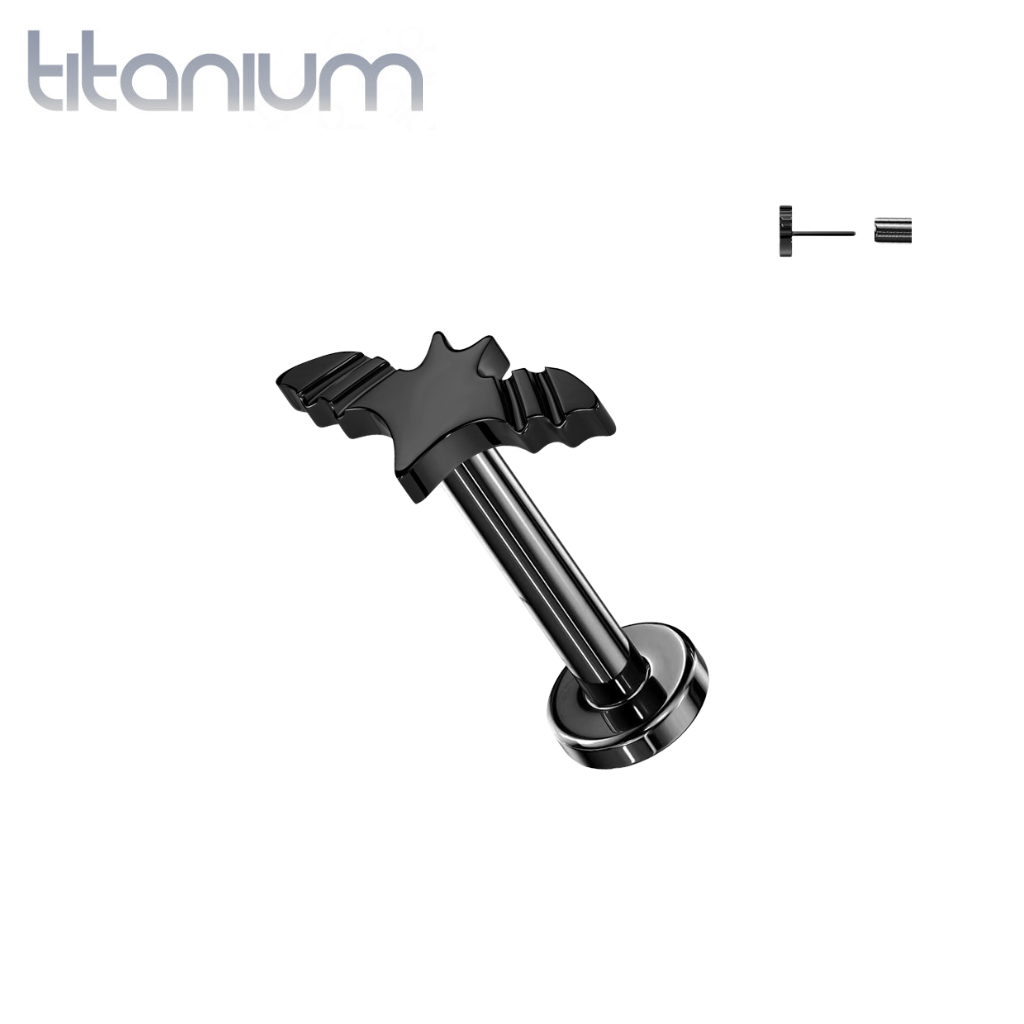 Implant Grade Titanium Black PVD Winged Flying Bat Push In Threadless Labret With Flat Back