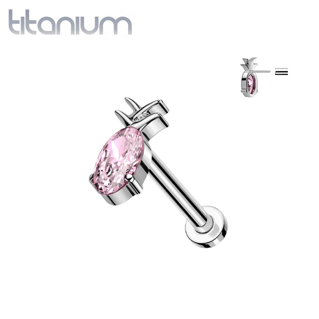Implant Grade Titanium Pink CZ Gem Pineapple Threadless Push In Labret