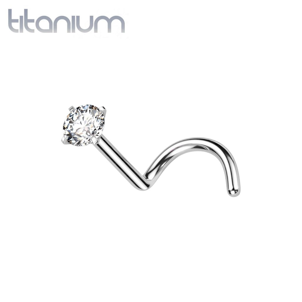 Implant Grade Titanium Corkscrew Nose Ring Stud with Prong White CZ Gem