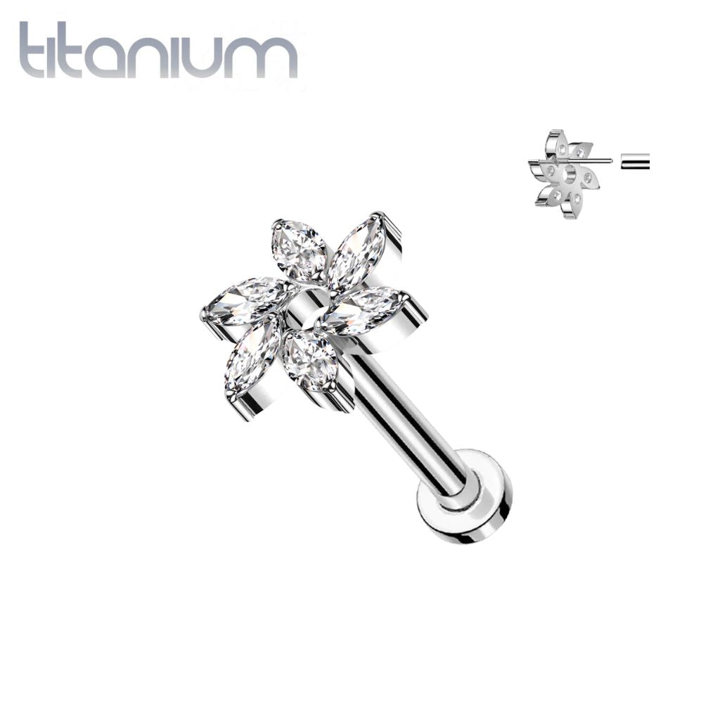 Implant Grade Titanium White CZ Marquise Flower Threadless Push In Labret