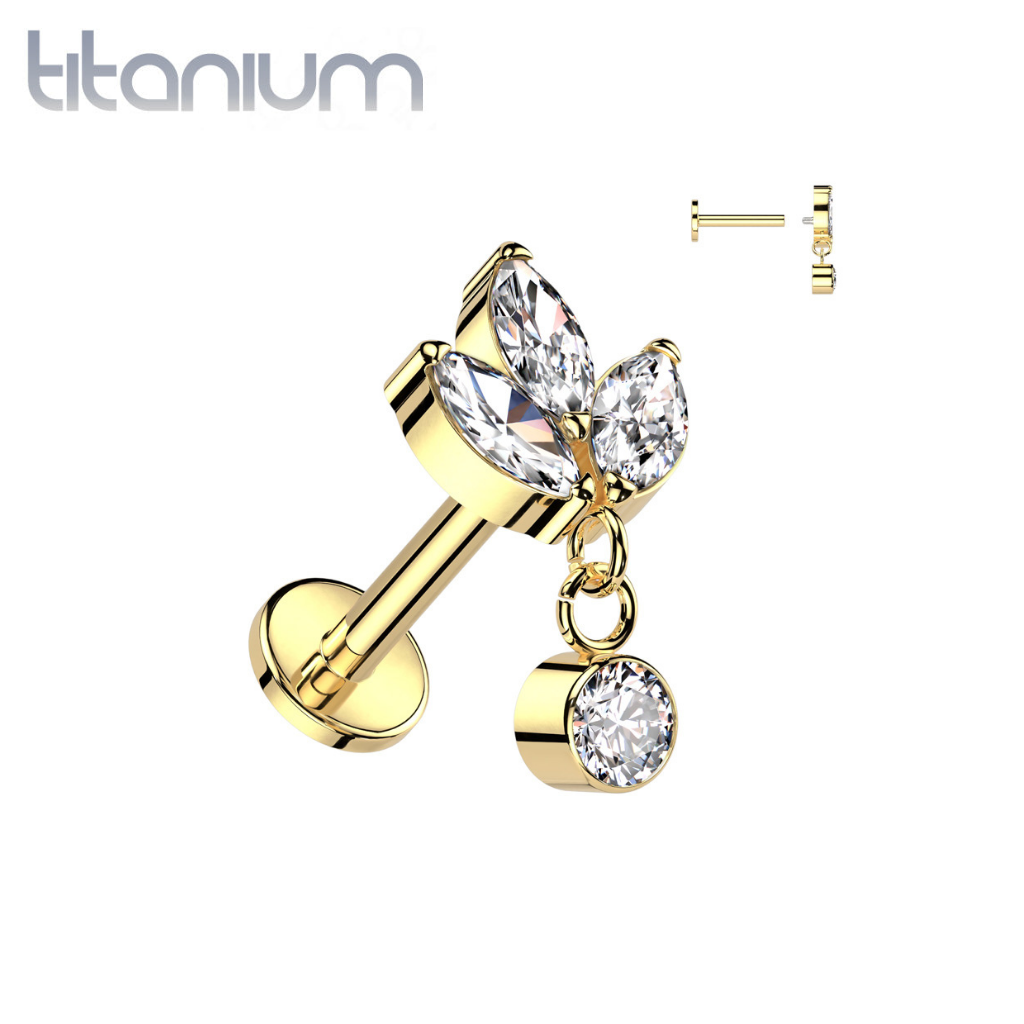 Implant Grade Titanium Gold PVD Triple Petal Flower White CZ Gem Dangle Flat Back Labret