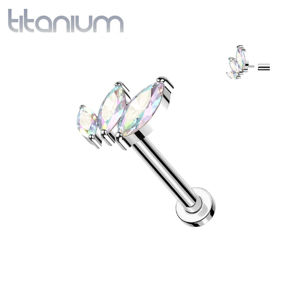 Implant Grade Titanium Aurora Borealis Triple Marquise CZ Curved Threadless Push In Labret