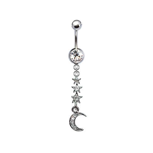 316L Surgical Steel 3 Star and Moon CZ Dangle Belly Ring