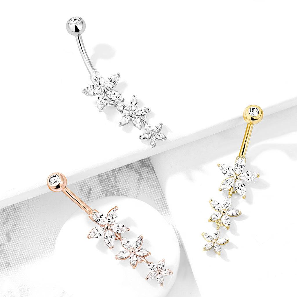 316L Surgical Steel 3 White CZ Flower Dangle Belly Ring