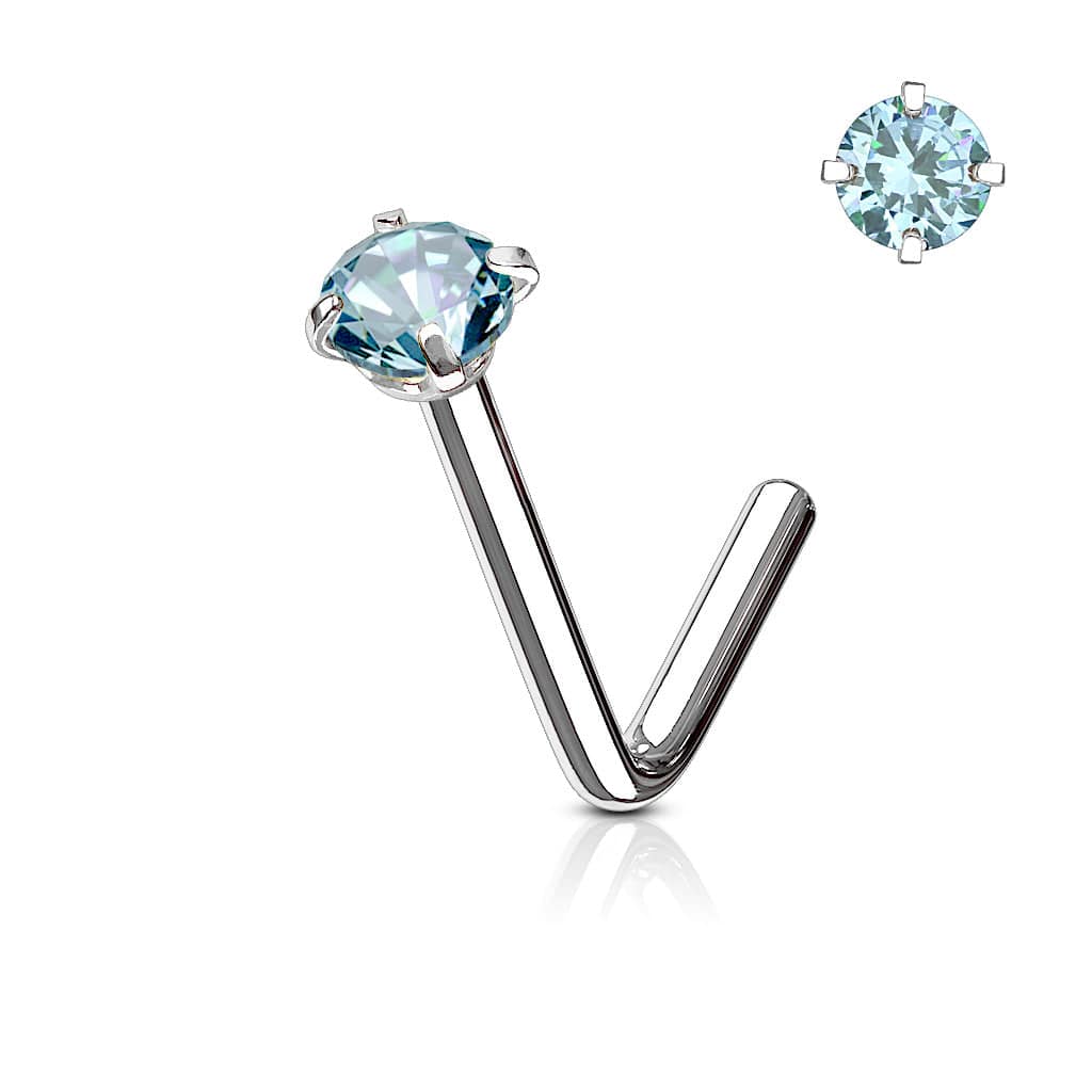 316L Surgical Steel Aqua CZ Gem Prong L Shape Nose Stud