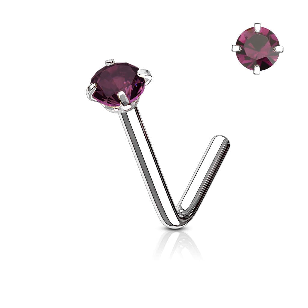 316L Surgical Steel Purple CZ Gem Prong L Shape Nose Stud