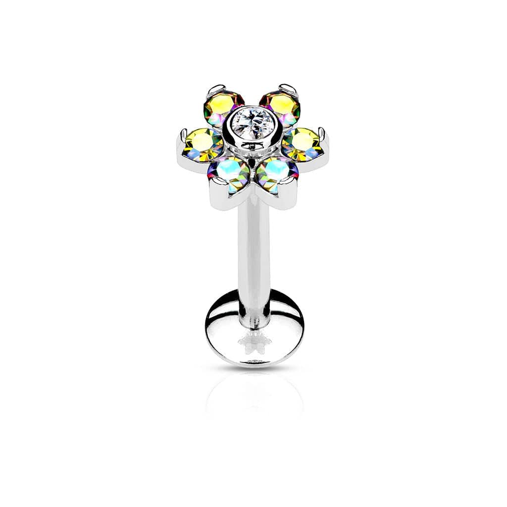 316L Surgical Steel 6 Gem Internally Threaded CZ Flower Flat Back Labret